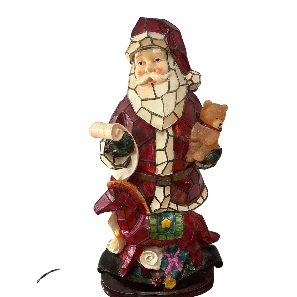 VTG Santa Claus Plastic Luminous Lighted Christmas Figure w/Faux Stain Glass 19